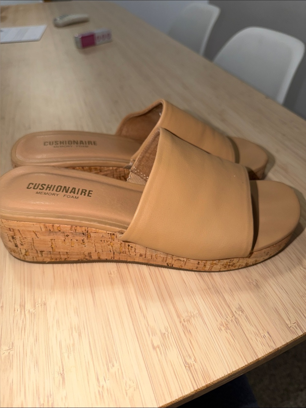 Cushionaire Tan Cork Wedge Slide Sandals — Comfortable Platform Slides